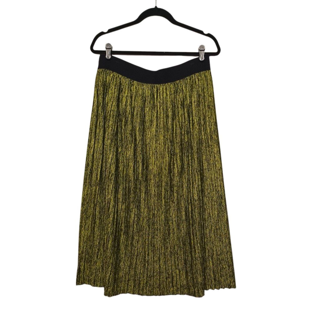 Metro Wear Skirt Large Pleated A-Line Midi Green Black Stretchy Pull On Summer